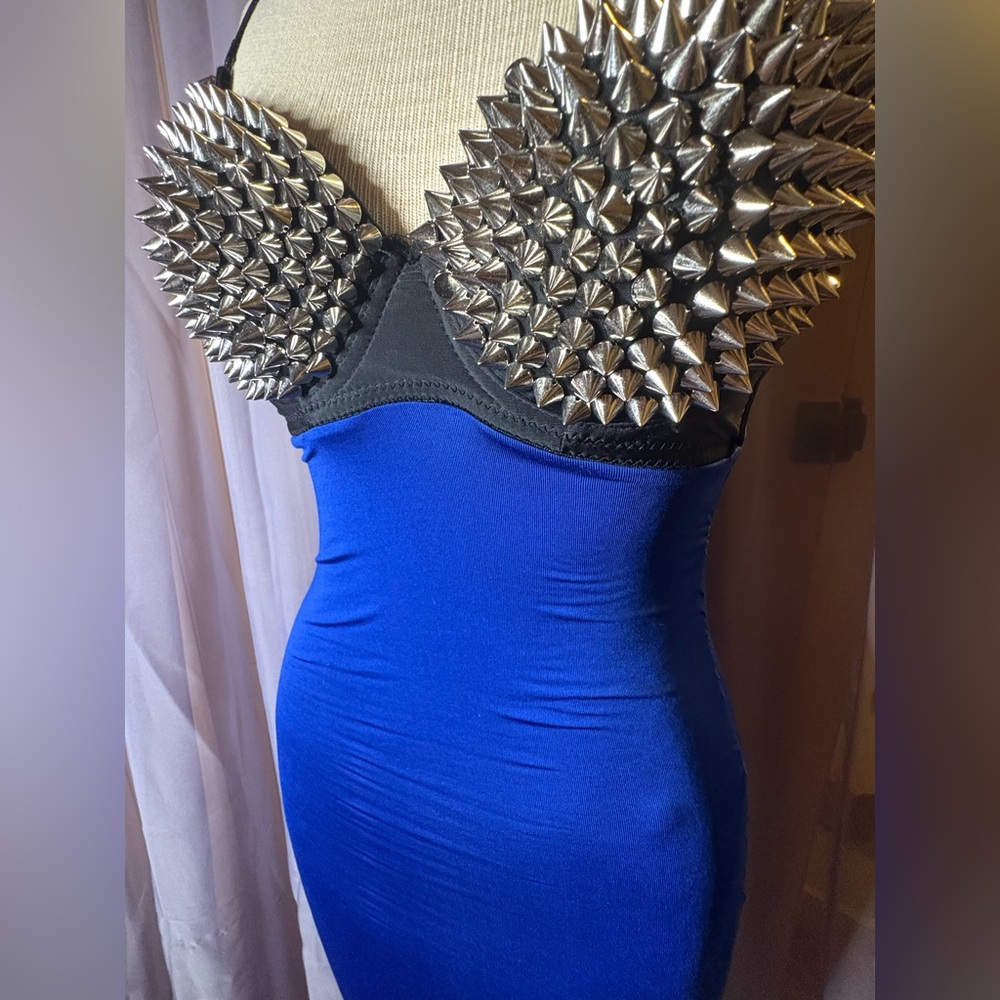 Royal Blue Bodycon Midi Dress — Massive Silver Spike Studded Bra Bodice, Size S